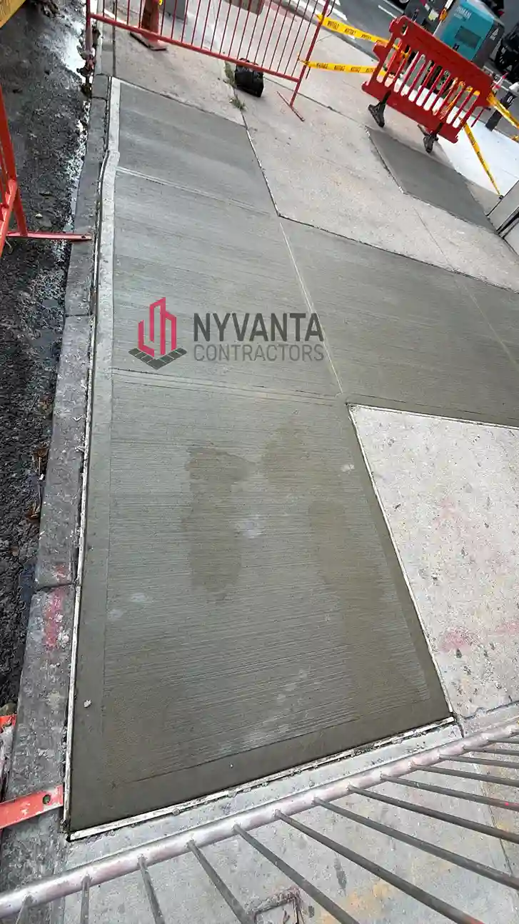 Freshly poured sidewalk slabs behind safety barriers at a Bronx commercial property