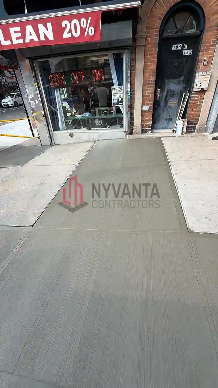Newly poured commercial sidewalk outside a storefront at 101 E 168th St in the Bronx