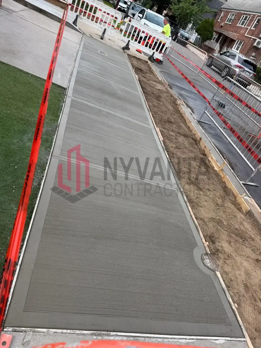 Newly poured concrete sidewalk flags behind barricades in Flushing, Queens