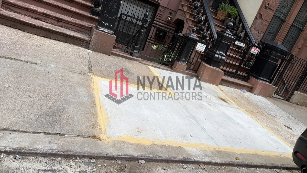 Newly poured sidewalk slabs outlined in yellow marking paint outside a Harlem brownstone
